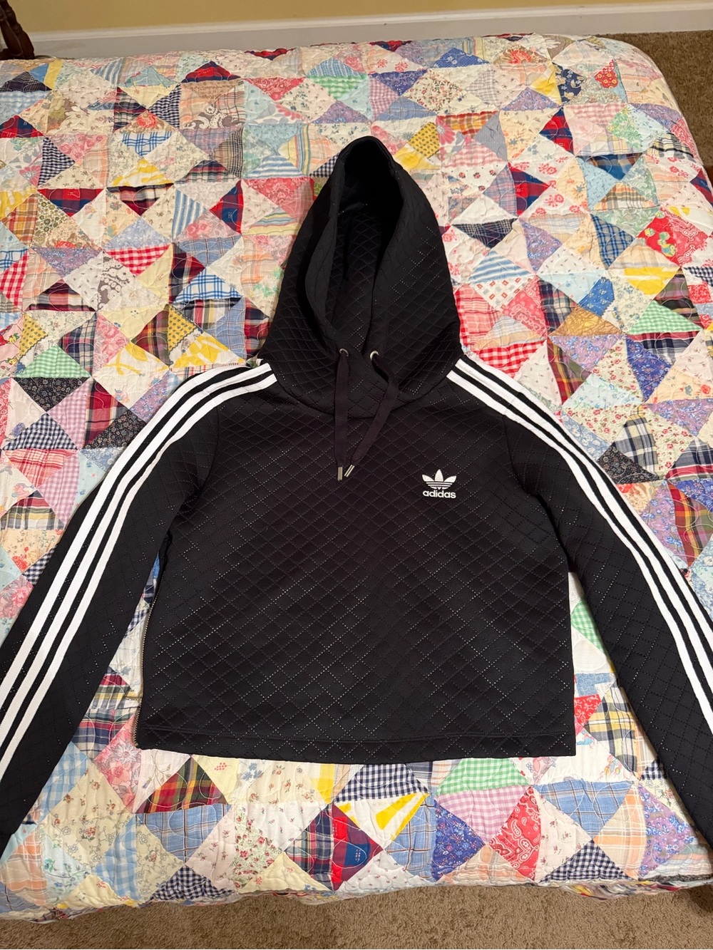 adidas Black Quilted Cropped Hoodie with side zipper
